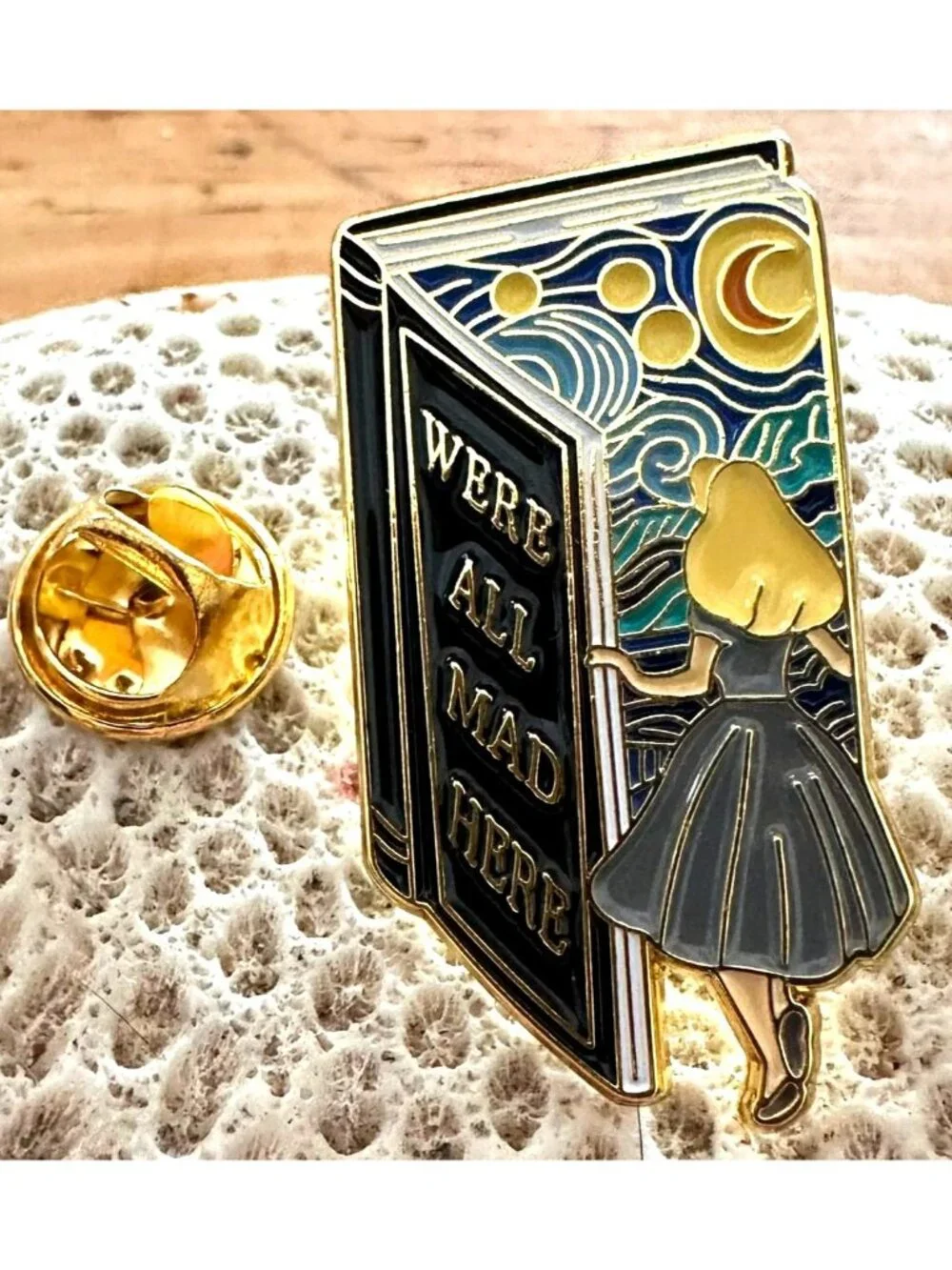 Alice in Wonderland Pin We’re All Mad Here Book Design Starry Night Rabbit Hole